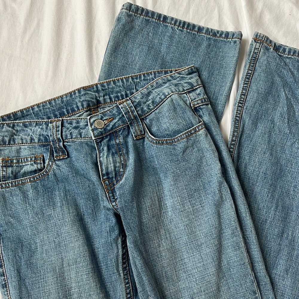 low rise flare medium wash jeans
